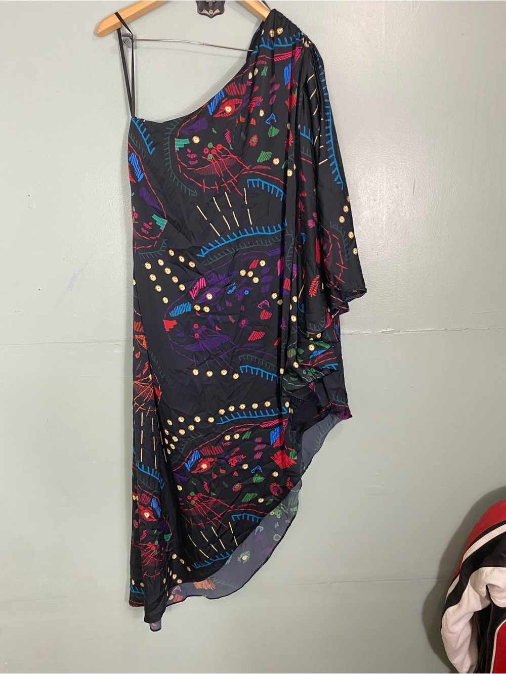 Hutch Printed One Shoulder Gown Maxi Dress Black Multi Artsy Vacation XL - Picture 8 of 9